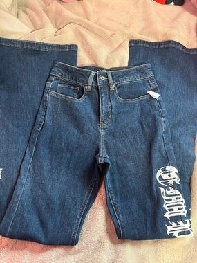 Empyre Dark Blue Flare Jeans with White Side Graphic